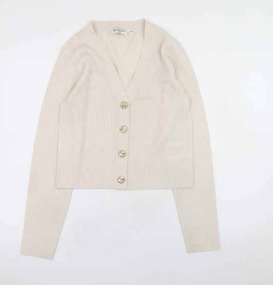 Brave Soul Women Beige V-Neck Ribbed Knit Button Cardigan Size L