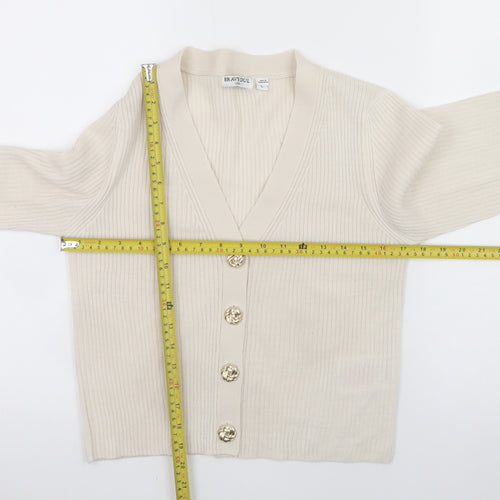 Brave Soul Women Beige V-Neck Ribbed Knit Button Cardigan Size L
