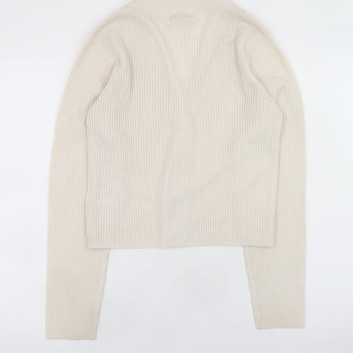 Brave Soul Women Beige V-Neck Ribbed Knit Button Cardigan Size L
