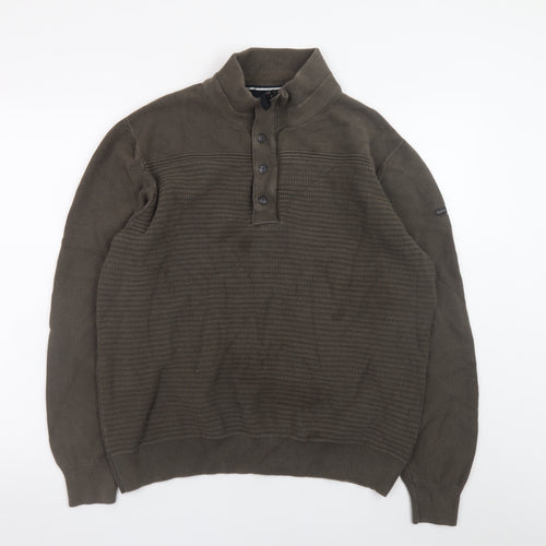 Duck and Cover Men's Green XL Henley Jumper High Neck Cotton Knit