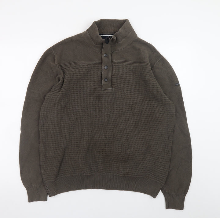 Duck and Cover Men's Green XL Henley Jumper High Neck Cotton Knit
