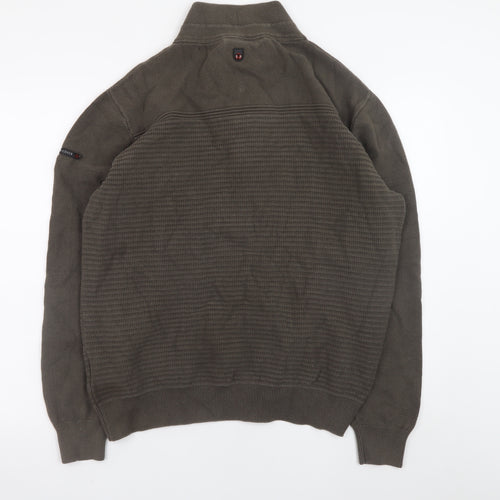 Duck and Cover Men's Green XL Henley Jumper High Neck Cotton Knit