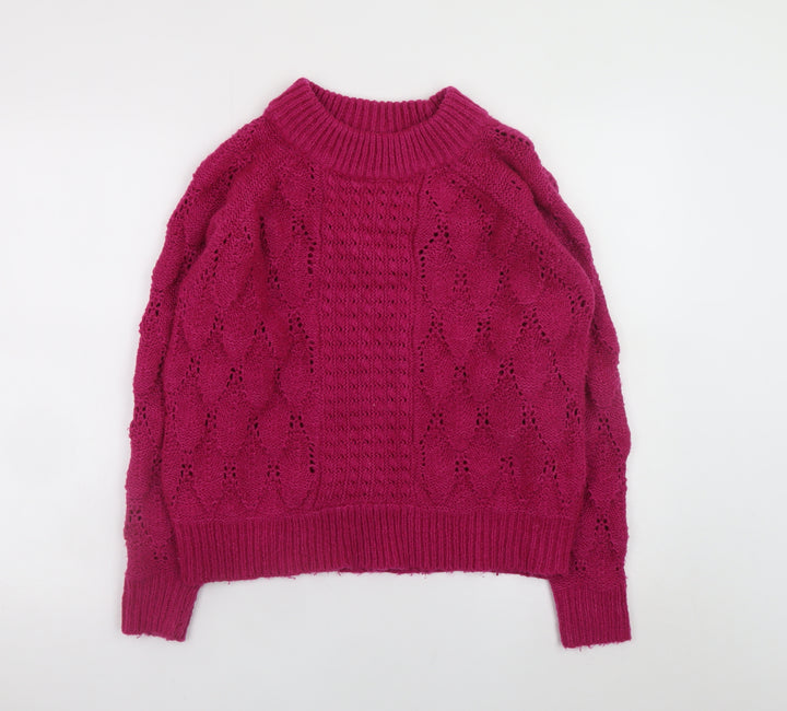 Vila Women's Pink Cable-Knit Crew Neck Pullover Jumper XS