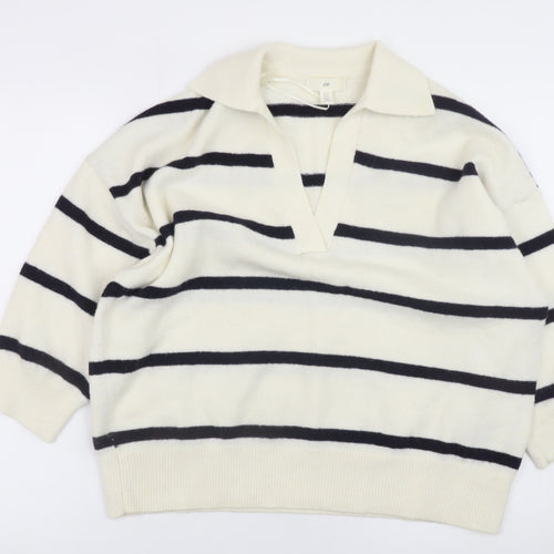 H&M Women's Ivory Striped Collared Pullover Jumper Size M