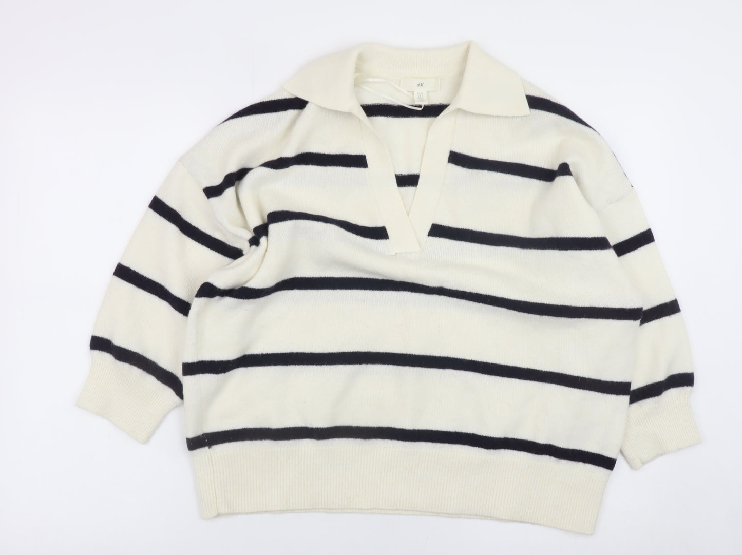 H&M Women's Ivory Striped Collared Pullover Jumper Size M