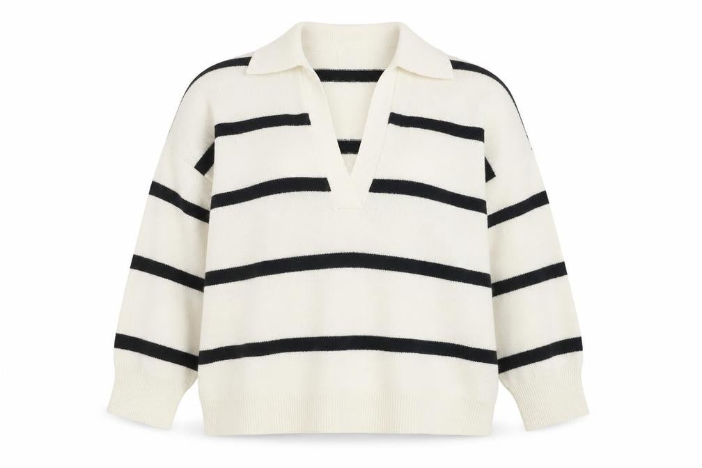 Front view of H&M Women's Ivory Striped Collared jumper, size M