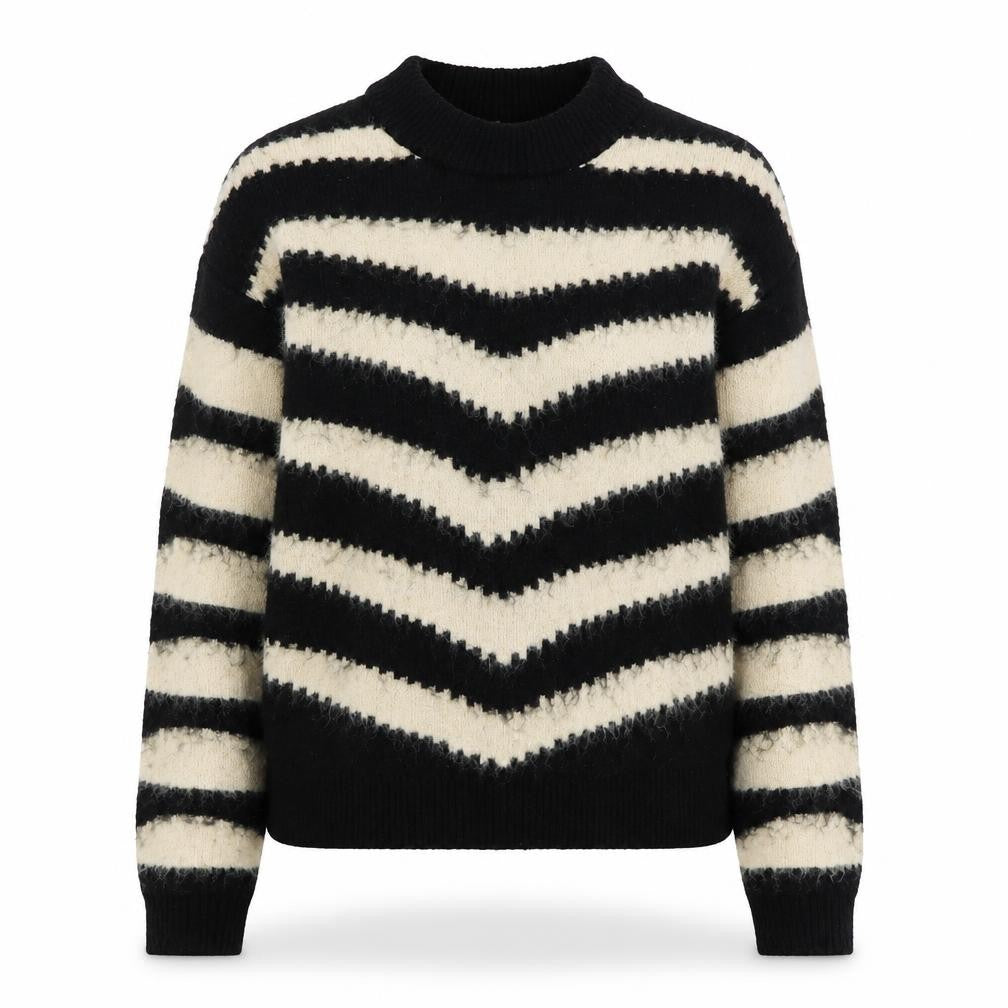 Front view of Mango Women Black Striped Crew Neck Knit Jumper, size 8