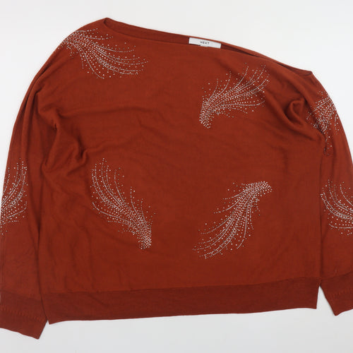 Next Women Brown Beaded Boat Neck Long Sleeve Pullover Jumper Size 16