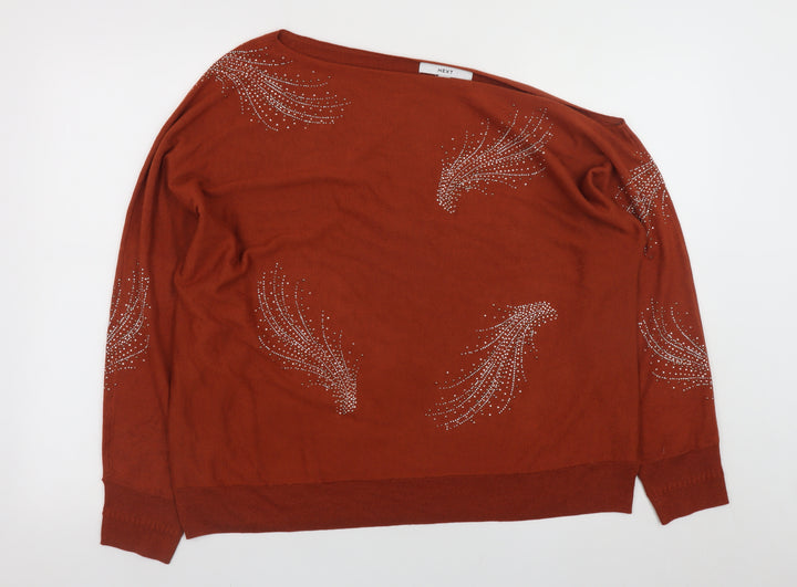 Next Women Brown Beaded Boat Neck Long Sleeve Pullover Jumper Size 16