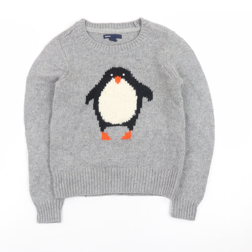 GapKids Boys Grey Penguin Jumper Medium (8) Crew Neck Winter Knit