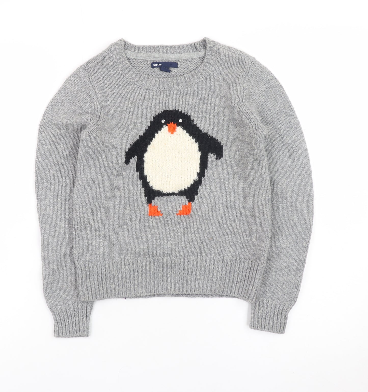 GapKids Boys Grey Penguin Jumper Medium (8) Crew Neck Winter Knit