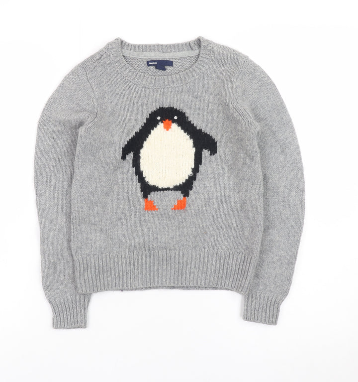 GapKids Boys Grey Penguin Jumper Medium (8) Crew Neck Winter Knit