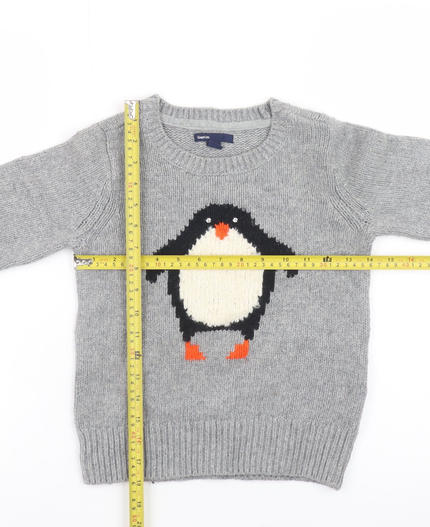 GapKids Boys Grey Penguin Jumper Medium (8) Crew Neck Winter Knit
