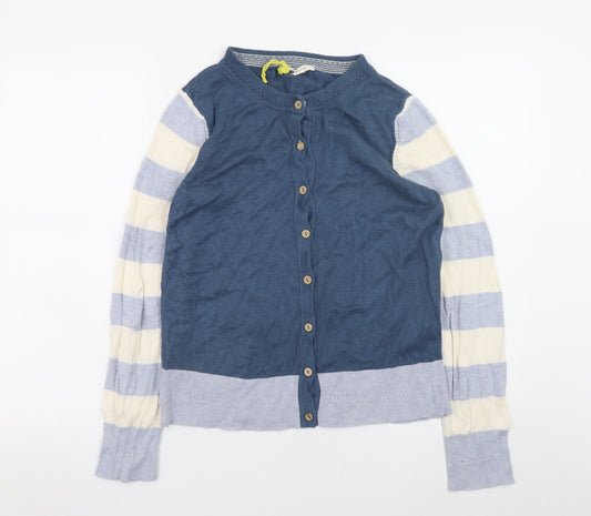 White Stuff Women's Blue Striped Crew Neck Cardigan UK 10 Cotton Blend