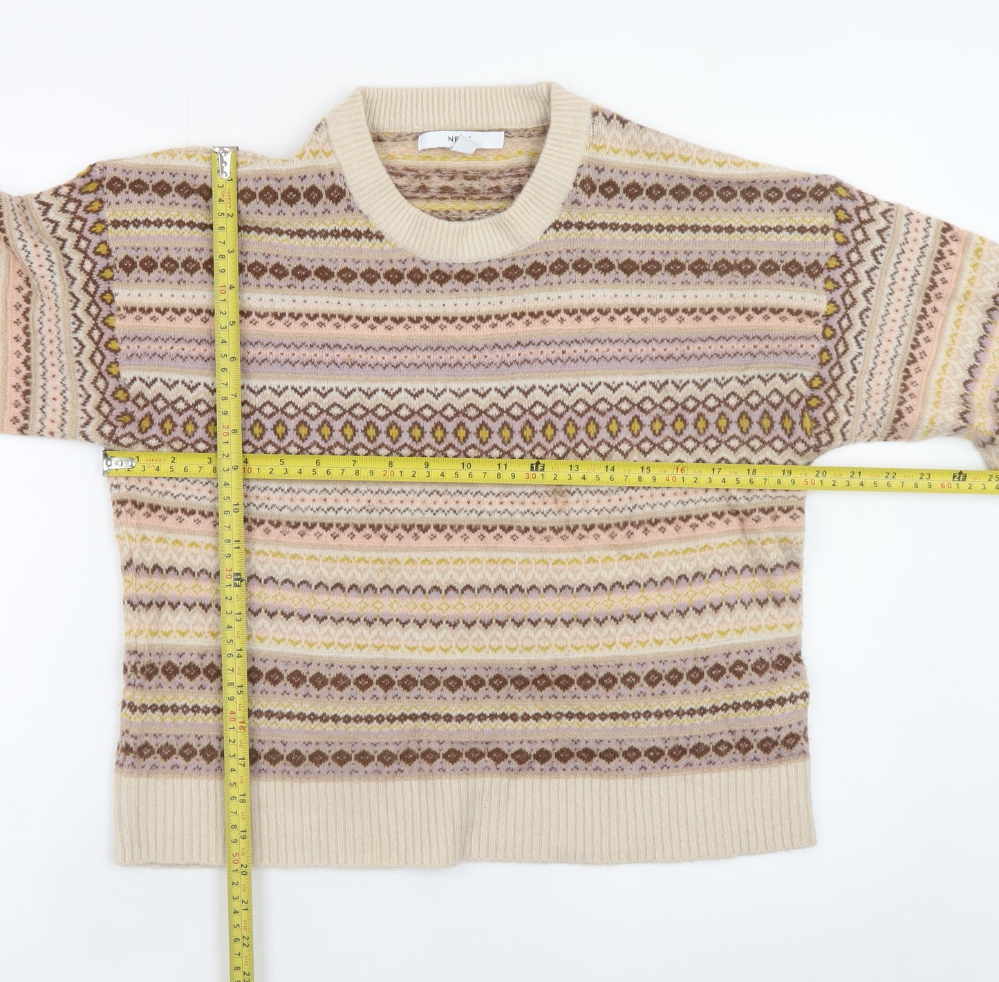 Next Womens Beige Fair Isle Knit Jumper Size 14 Regular Fit