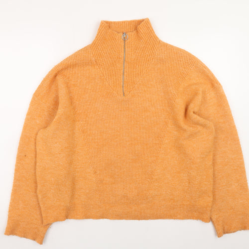 MNG Women's Orange Wool Blend High Neck 1/4 Zip Jumper Size 12