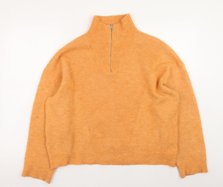 MNG Women's Orange Wool Blend High Neck 1/4 Zip Jumper Size 12