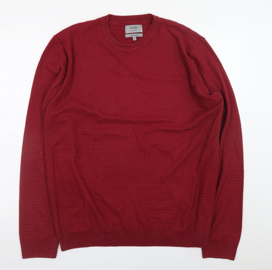 Marks and Spencer Men's Red Cotton Acrylic Crew Neck Jumper L