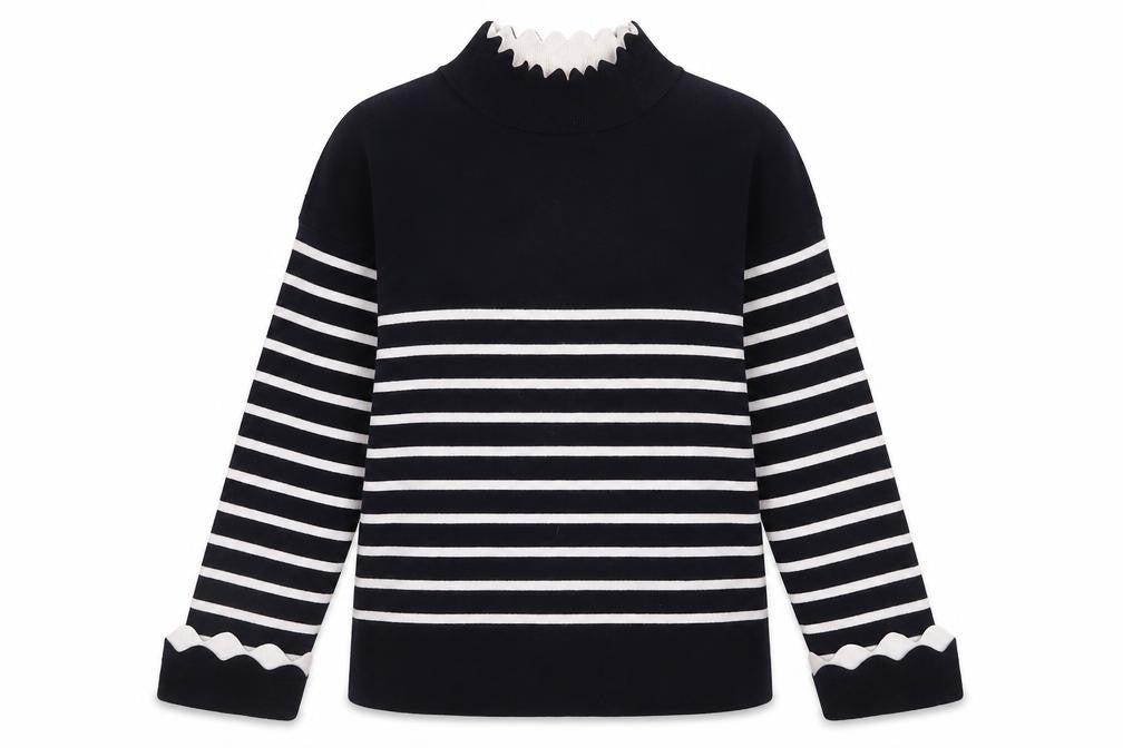 Front view of Lovie & Co Women's Blue Striped Mock Neck jumper S