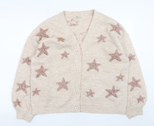 Tu Women Beige Star Pattern Button Knit Cardigan Size 14