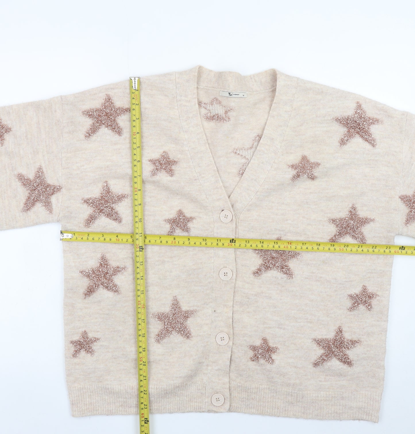 Tu Women Beige Star Pattern Button Knit Cardigan Size 14
