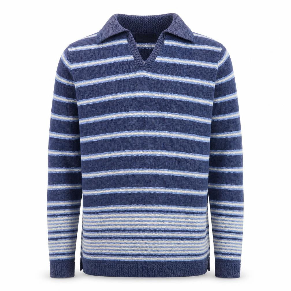 Front view of Jumper Men's Blue Striped Cotton V-Neck Pullover, size S