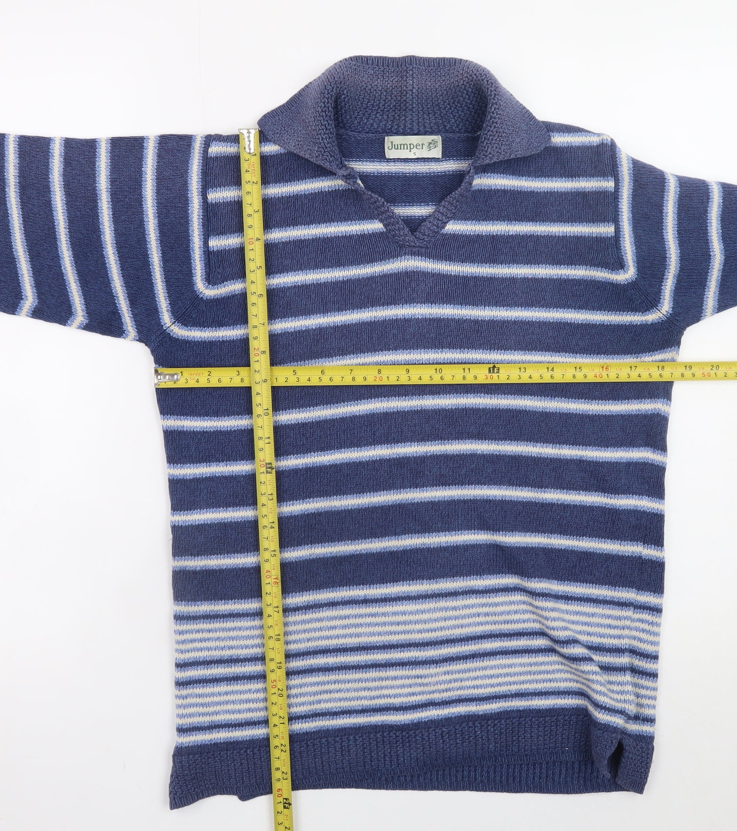 Jumper Men's Blue Striped Cotton V-Neck Pullover Size S