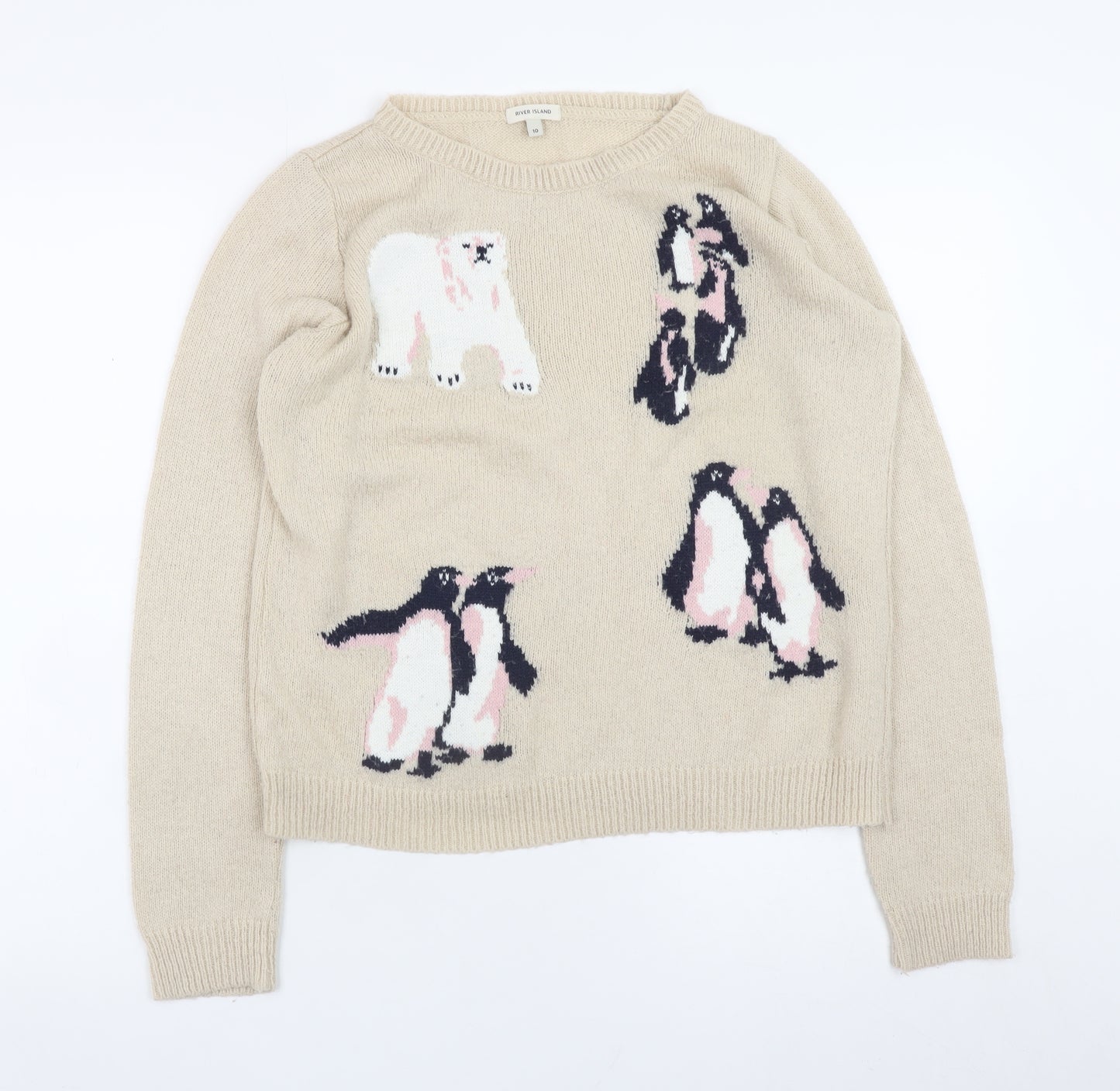 River Island Womens Beige Penguin Wool Blend Jumper Size 10