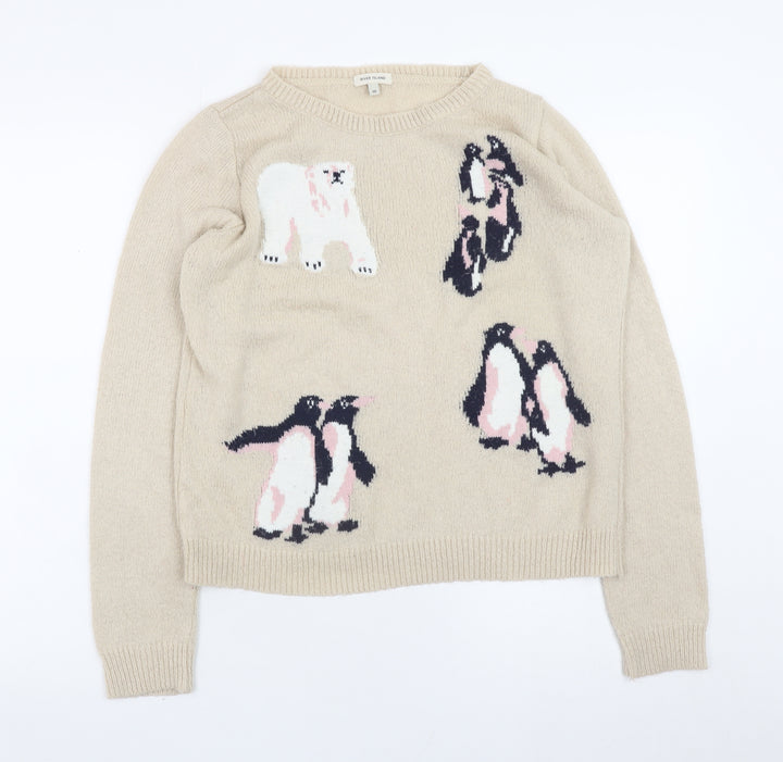 River Island Womens Beige Penguin Wool Blend Jumper Size 10