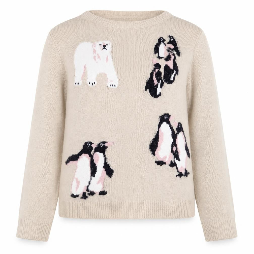Front view of River Island women’s beige penguin wool blend jumper, size UK 10