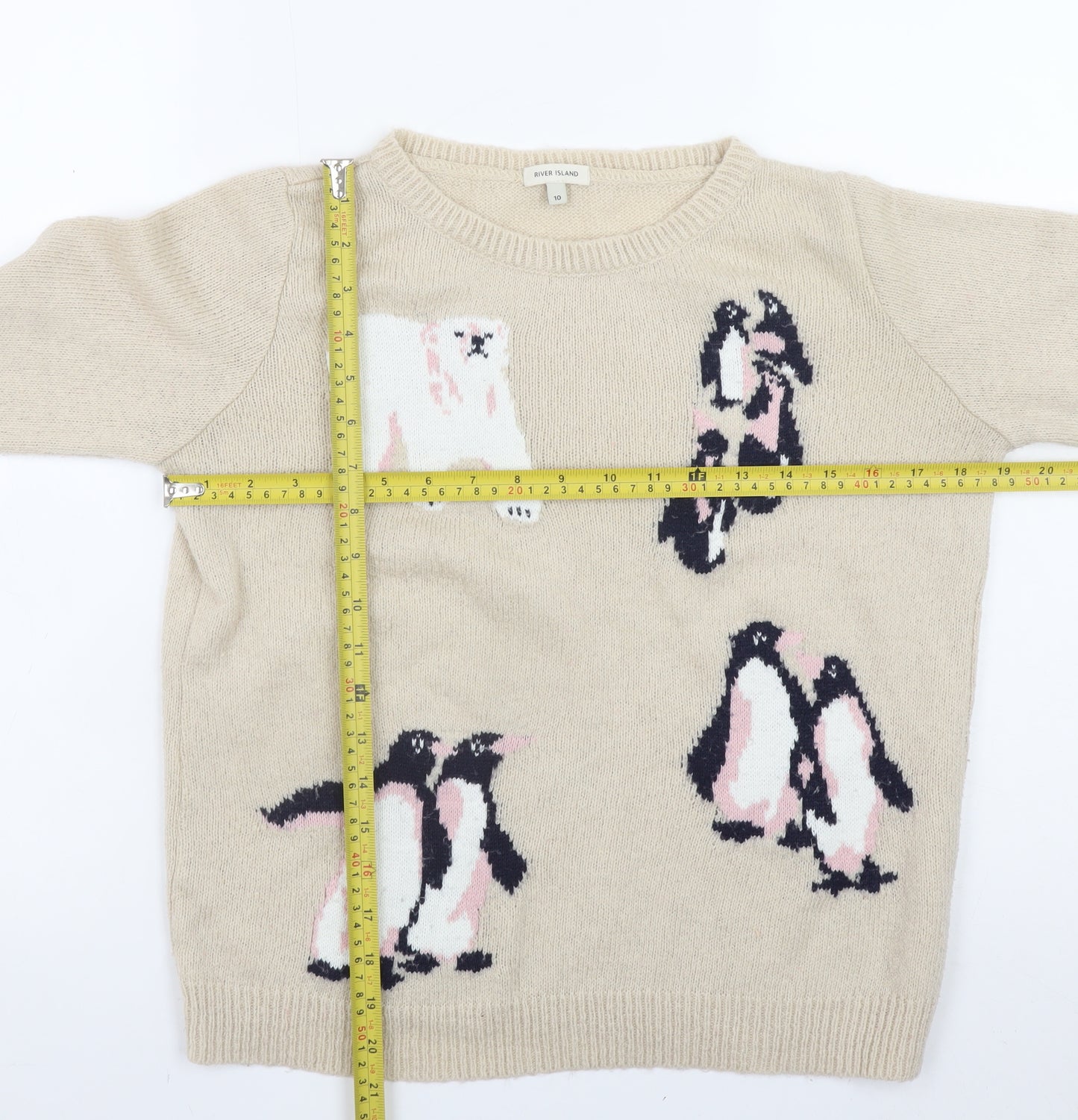 River Island Womens Beige Penguin Wool Blend Jumper Size 10