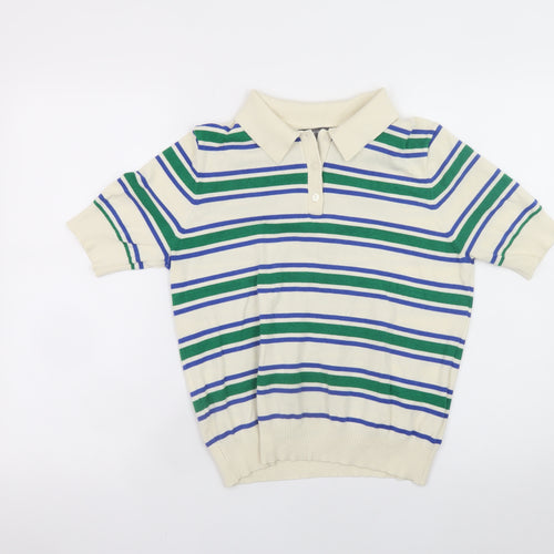 Primark Women Ivory Striped Collared Short Sleeve Jumper M
