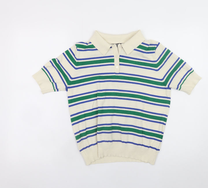 Primark Women Ivory Striped Collared Short Sleeve Jumper M