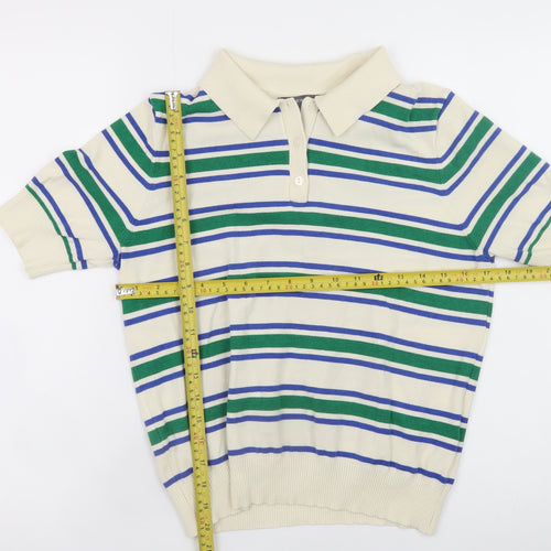 Primark Women Ivory Striped Collared Short Sleeve Jumper M
