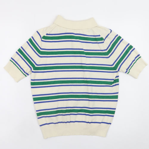 Primark Women Ivory Striped Collared Short Sleeve Jumper M