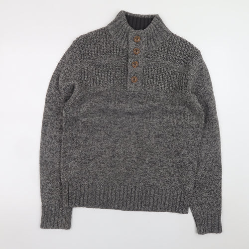 George Men’s Grey High Neck Henley Jumper Small Acrylic Knit