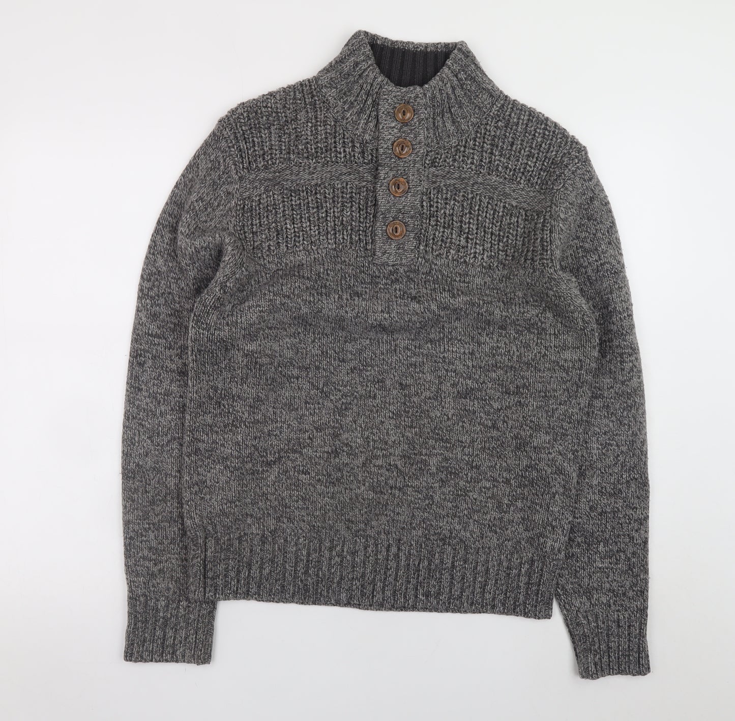 George Men’s Grey High Neck Henley Jumper Small Acrylic Knit