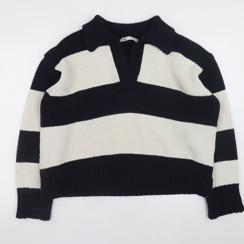 Zara Women’s Black & White Striped Collared Knit Jumper Size L
