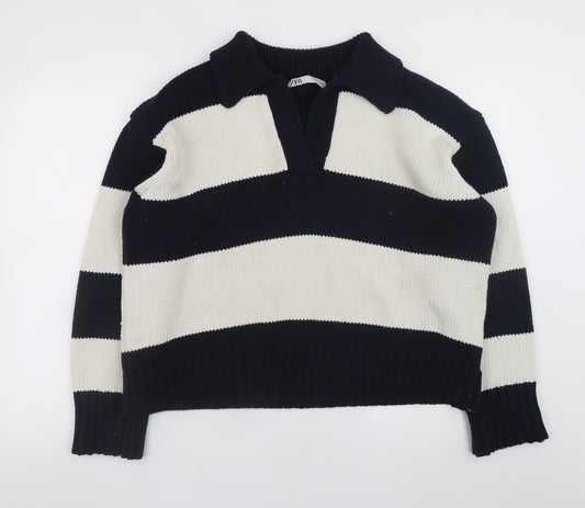 Zara Women’s Black & White Striped Collared Knit Jumper Size L