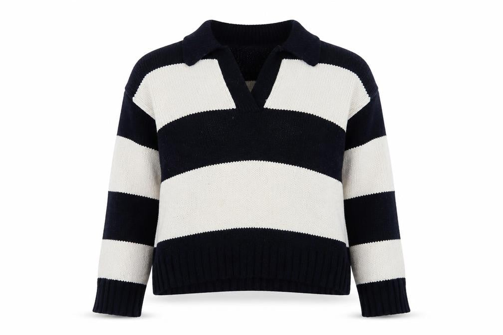 Front view of Zara Women’s Black & White Striped Collared Knit Jumper, size L