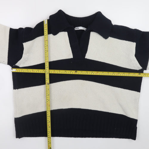 Zara Women’s Black & White Striped Collared Knit Jumper Size L