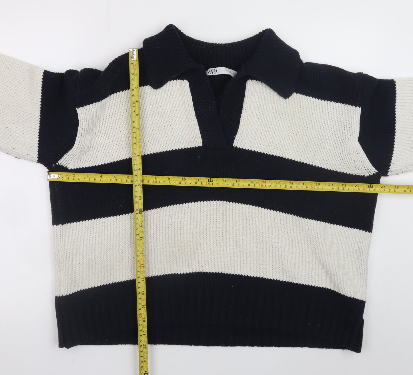 Zara Women’s Black & White Striped Collared Knit Jumper Size L