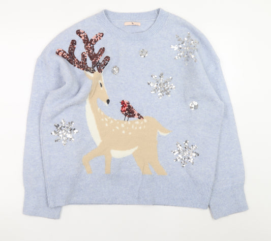 Tu Women Blue Sequin Reindeer Christmas Jumper Size L