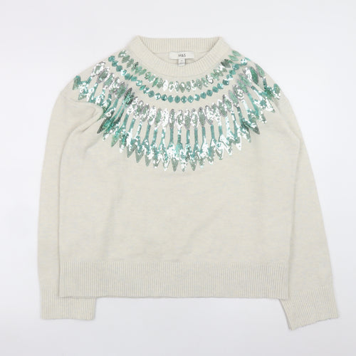 Marks and Spencer Women Ivory Sequin Crew Neck Jumper Size M