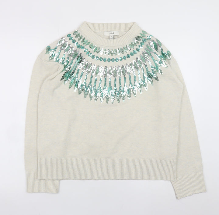 Marks and Spencer Women Ivory Sequin Crew Neck Jumper Size M