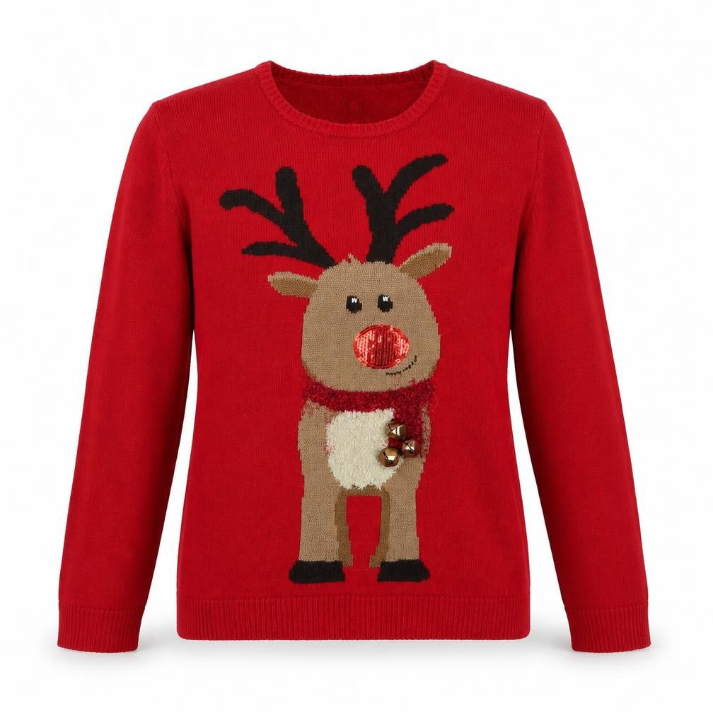 Front view of Peacocks women’s red reindeer christmas jumper m knit pullover