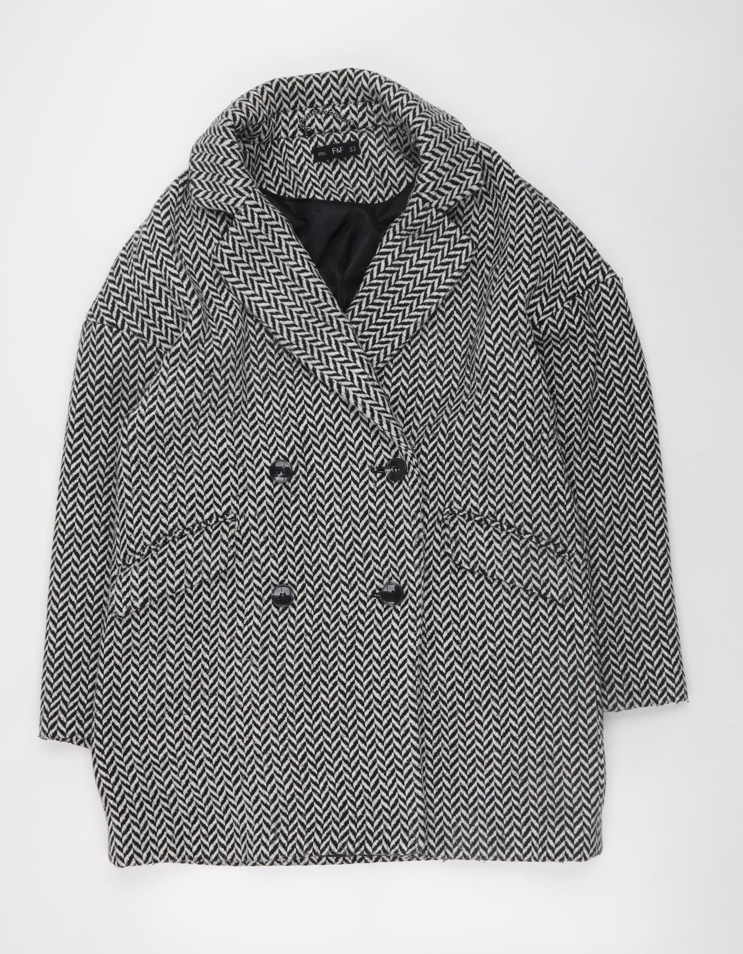 F&F Womens Grey Herringbone Wool Blend Mid-Length Overcoat Size 10