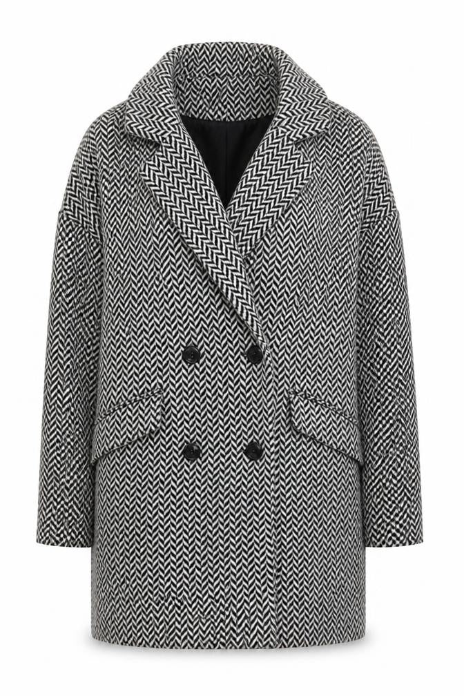 Front view of F&F women’s grey herringbone wool blend mid-length overcoat, size UK 10