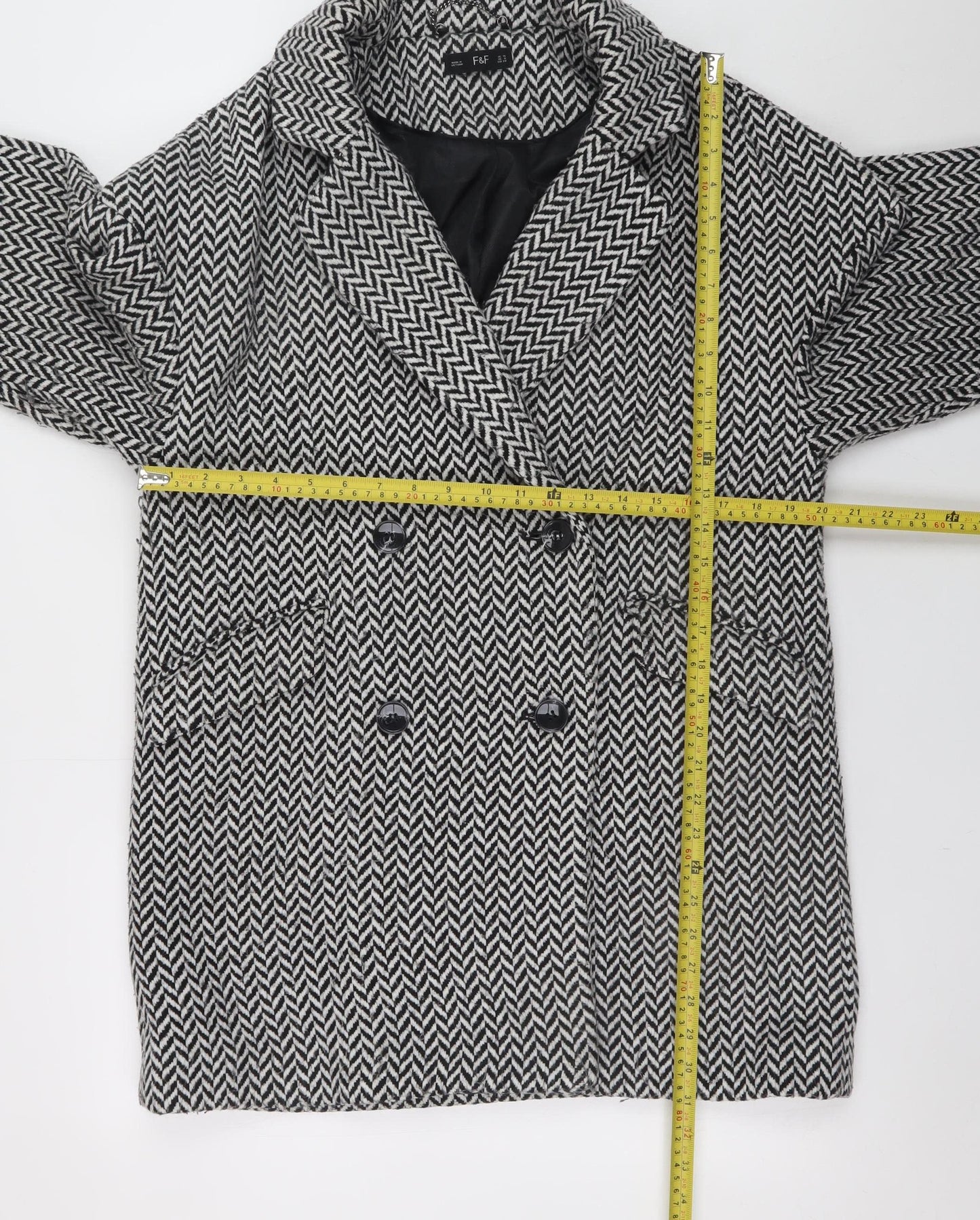 F&F Womens Grey Herringbone Wool Blend Mid-Length Overcoat Size 10