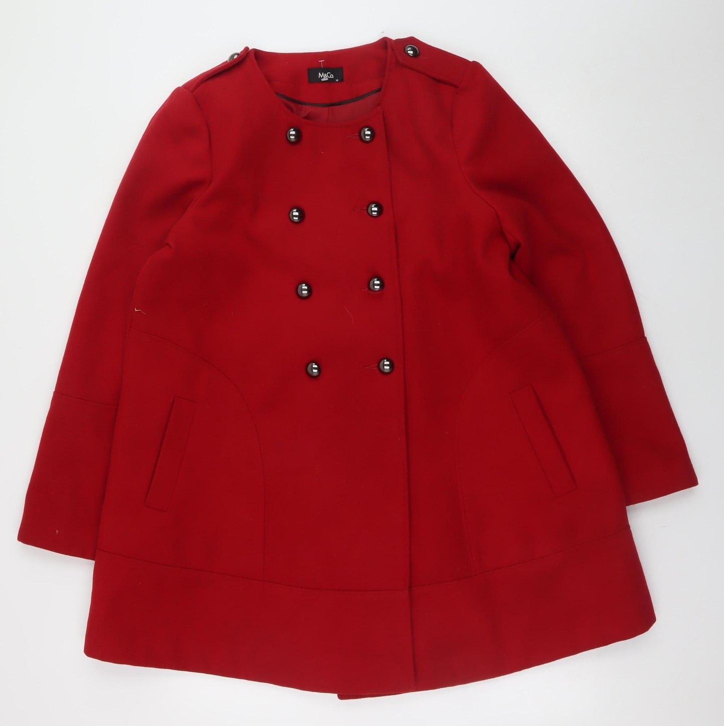 M&Co Womens Red Buttoned Pea Coat Size 14 Classic Mid-Length